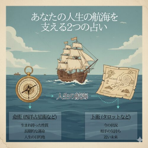 占いの命術と卜術の役割を示す図解。命術は人生の方向性を示す羅針盤、卜術は日々の状況を示す天気図として、人生の航海を支える様子が描かれている。