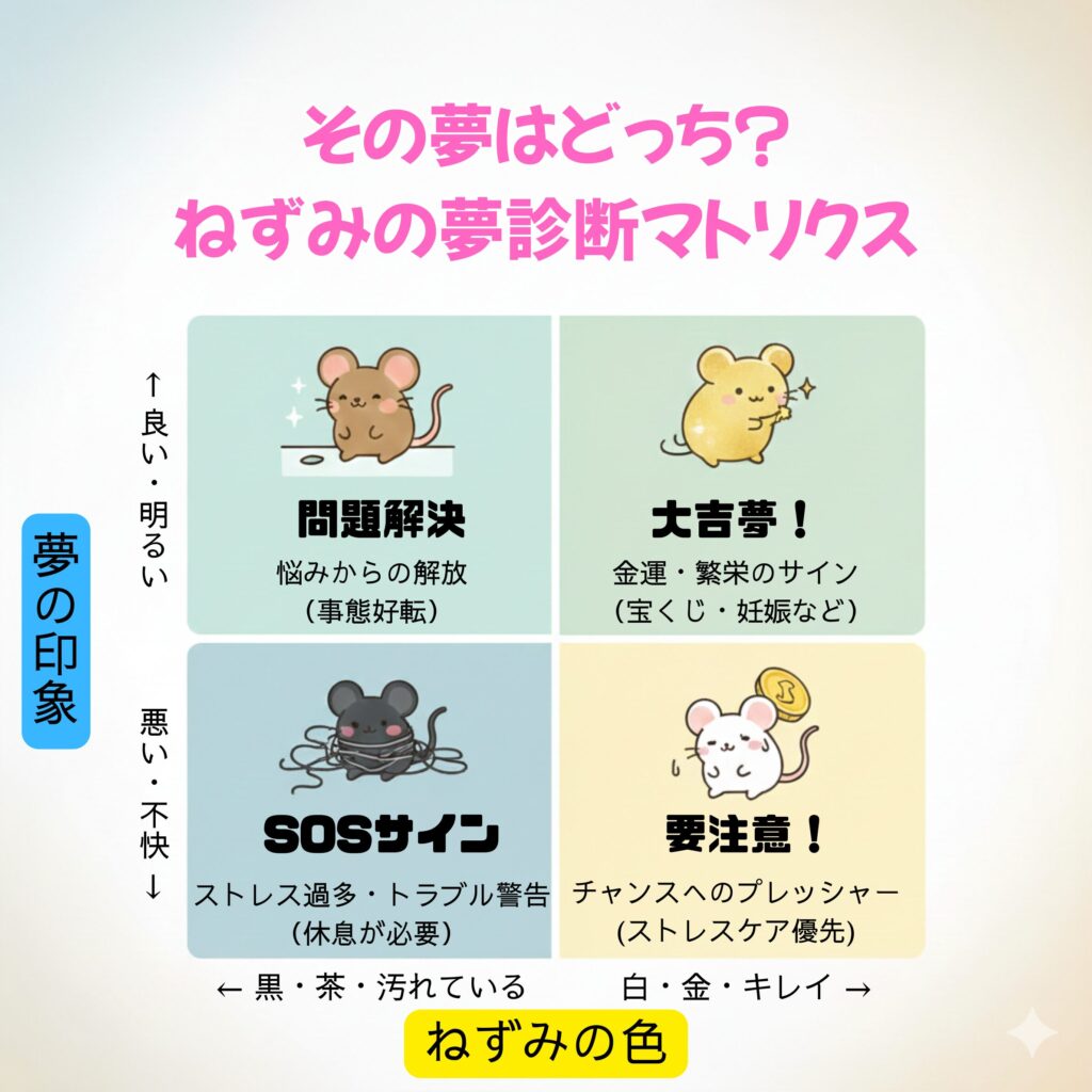 ねずみの夢の吉凶判断マトリクス。白いねずみで良い印象なら吉夢、黒いねずみで不快ならストレスのサイン。