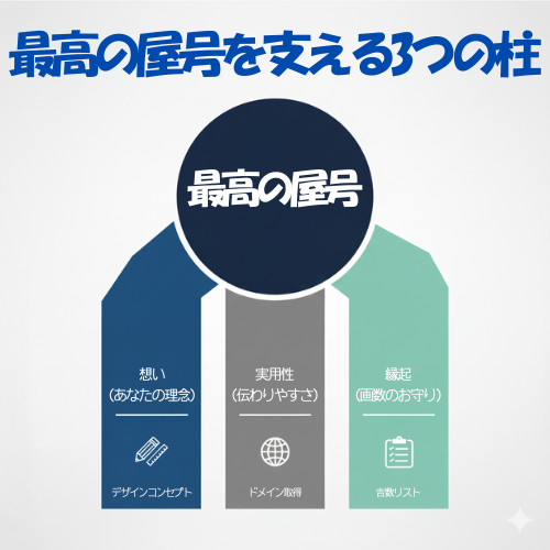 成功する屋号の3つの要素を示す図解。「最高の屋号」を中心に、「想い」「実用性」「縁起」の3つの柱が支えている様子が描かれている。