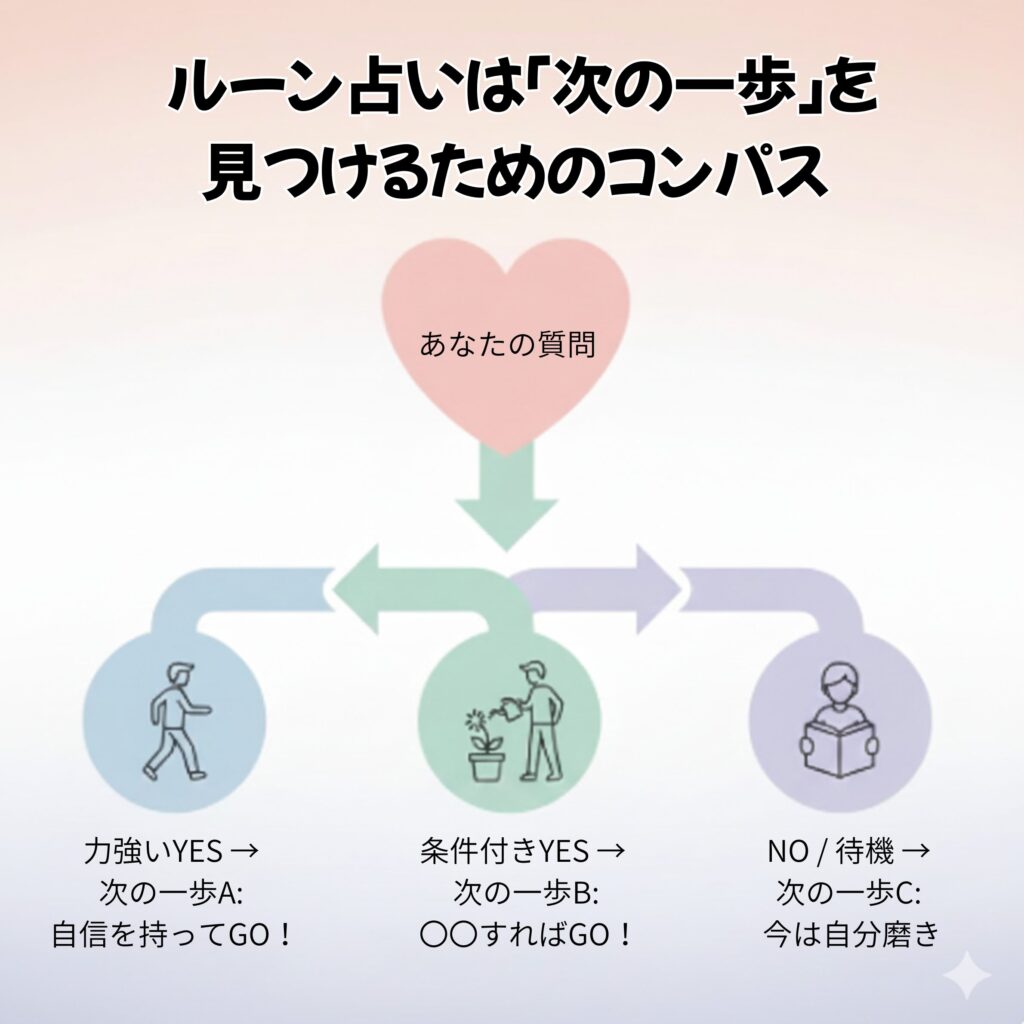 ルーン占いの結果から次の一歩を見つける方法を示したフロー図。占いの結果は「力強いYES」「条件付きYES」「NO/待機」の3つに分かれ、それぞれが具体的な行動に繋がっている。
