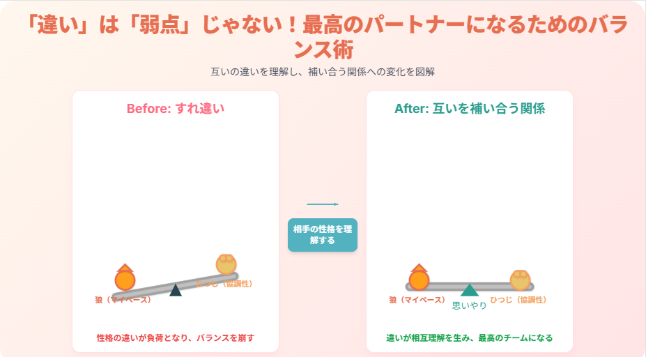 動物占いの相性における「違い」を乗り越える方法を示したインフォグラフィック。狼とひつじが乗ったシーソーが、「思いやり」という支点を中心にバランスを取っている様子。