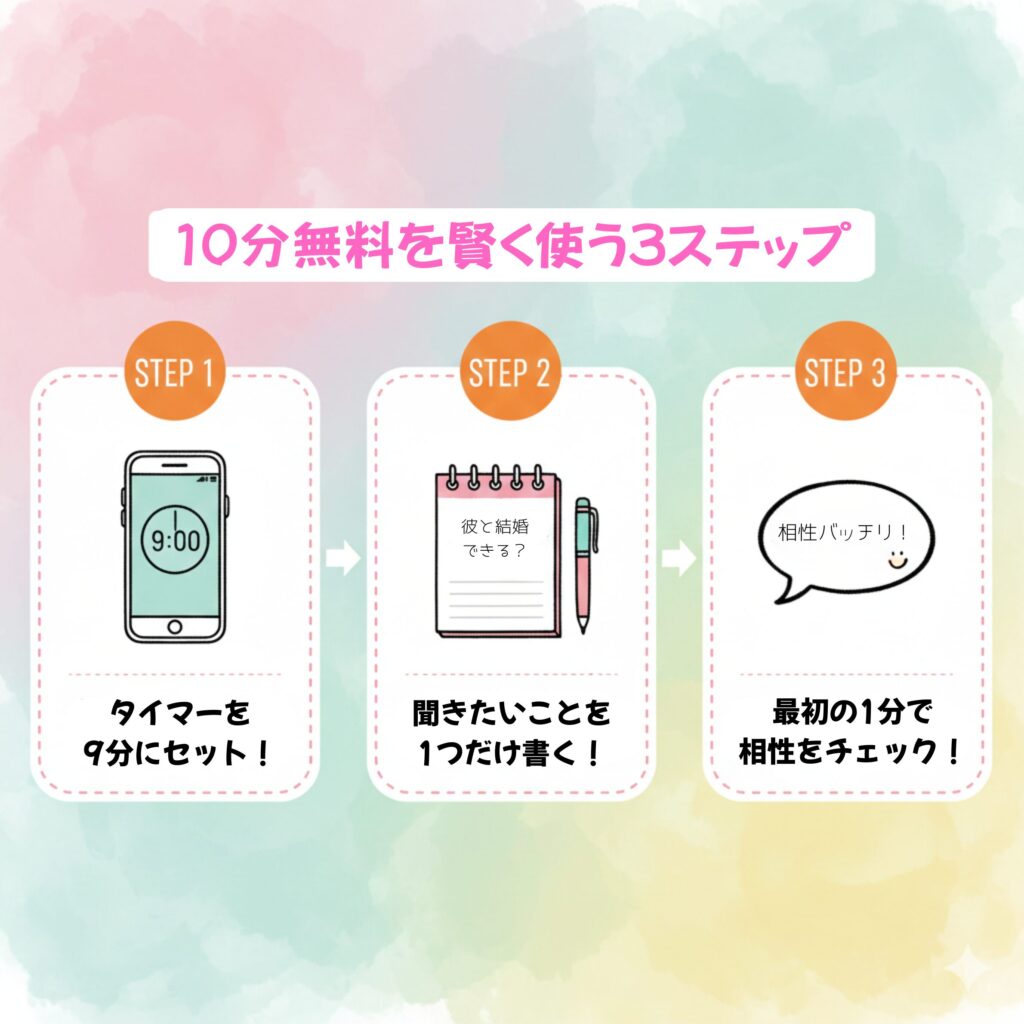 電話占いルーナの初回10分無料特典を賢く使うための3ステップを示した図。ステップ1はタイマーを9分にセット、ステップ2は聞きたいことを1つ書く、ステップ3は最初の1分で相性をチェックすること。