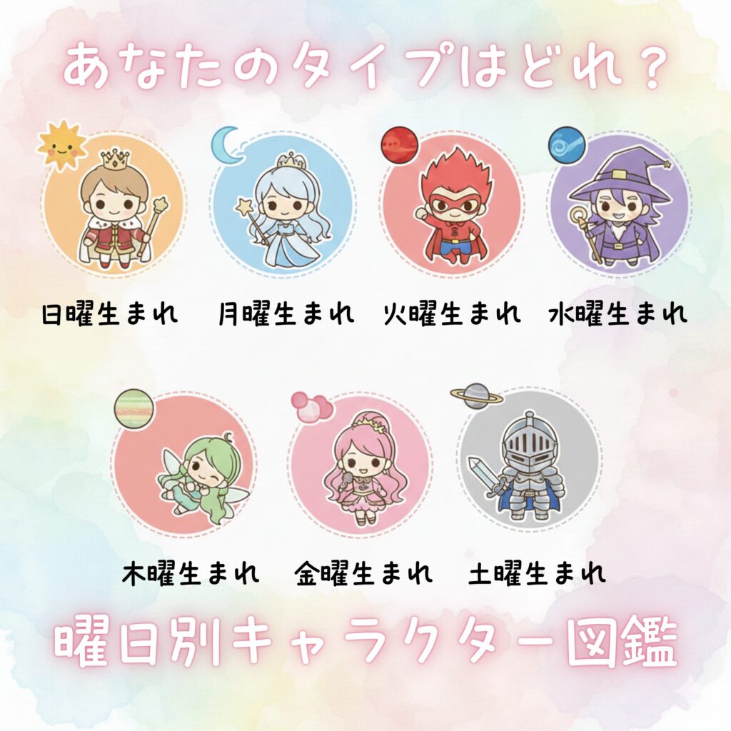 曜日占いの7つの曜日と、それぞれの守護星をモチーフにしたキャラクターイラスト一覧。日曜は太陽、月曜は月、火曜は火星、水曜は水星、木曜は木星、金曜は金星、土曜は土星。