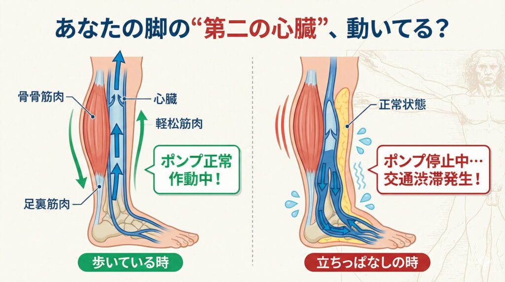 ふくらはぎの筋ポンプ作用の解説図。歩行時は筋肉が動き血液が流れるが、立ちっぱなしだと筋肉が動かず血液が滞留し、むくみが起きることを示している。