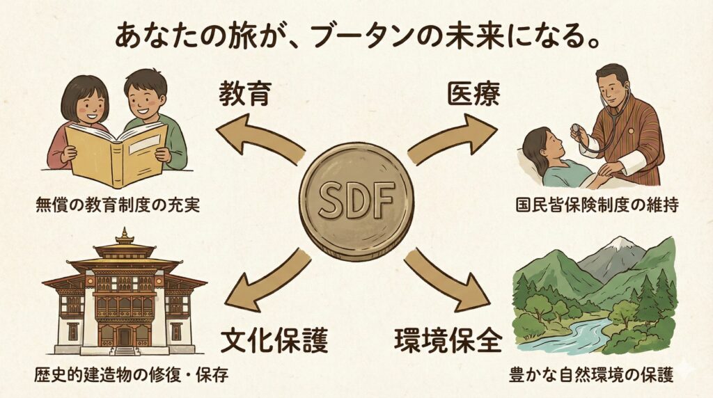 持続可能な開発料(SDF)が、ブータンの教育、医療、文化保護、環境保全に使われていることを示す図解。