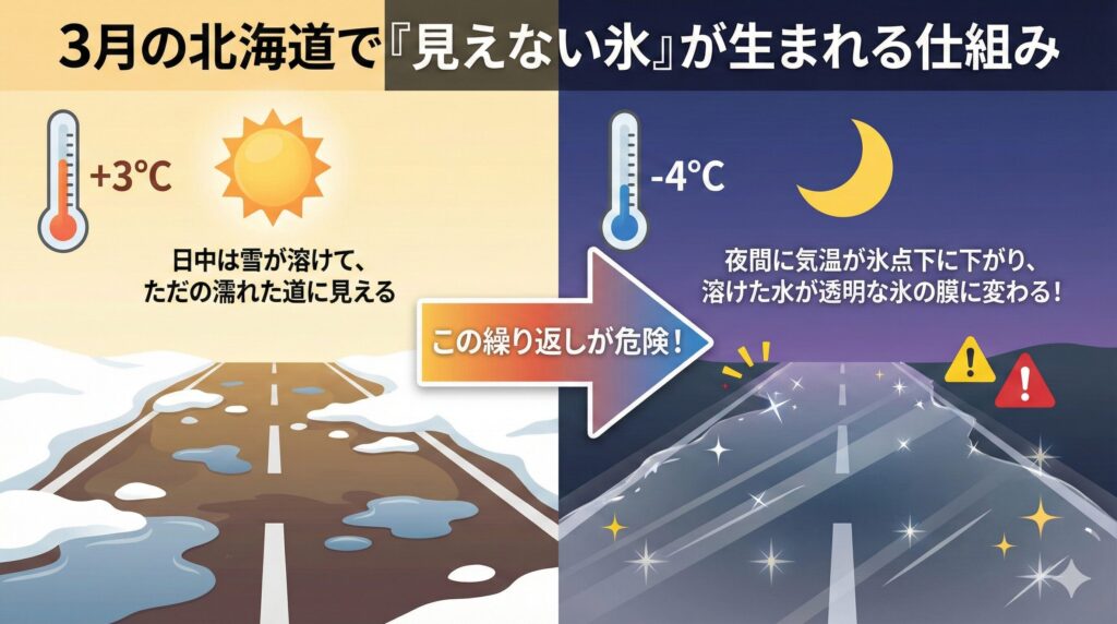 3月の気温とブラックアイスバーン発生メカニズムの図解