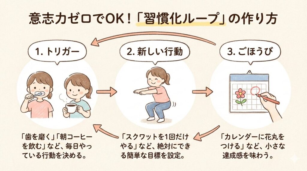 習慣化ループの図解。トリガーとなる歯磨きの後にスクワットを1回行い、カレンダーに花丸をつけるというサイクルが描かれている。