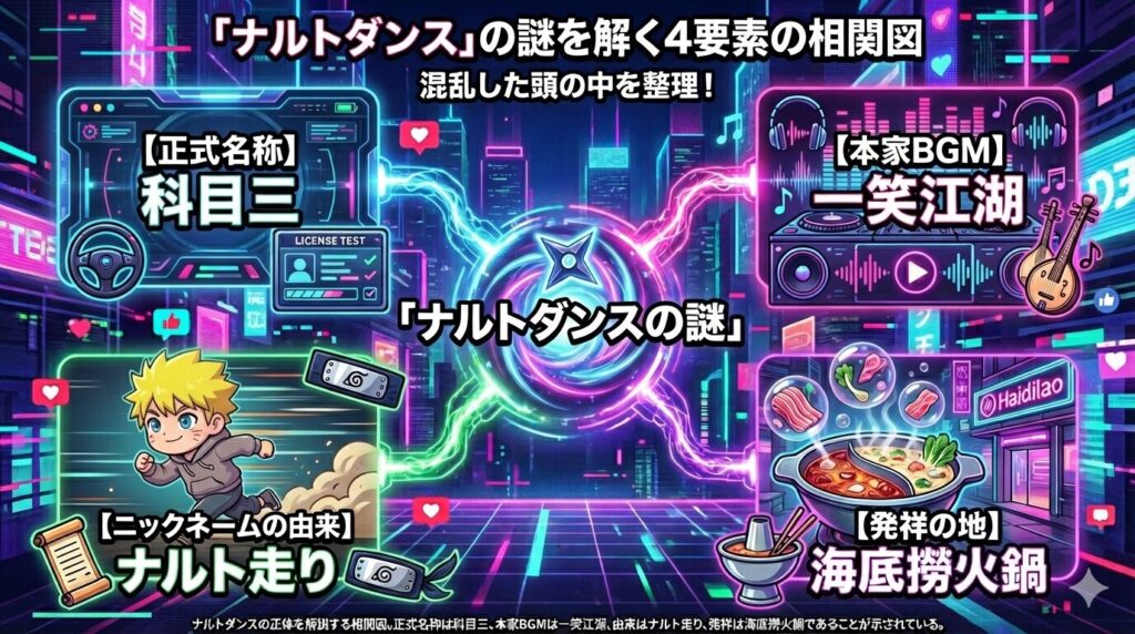 「ナルトダンスの正体を解説する相関図。正式名称は科目三、本家BGMは一笑江湖、由来はナルト走り、発祥は海底撈火鍋であることが示されている。」