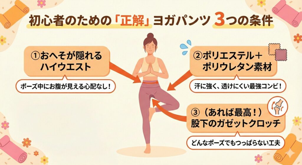 ヨガ初心者が選ぶべきヨガパンツの3つの条件を示した図解。ハイウエスト、機能的な素材、股下の工夫がイラストで解説されている。