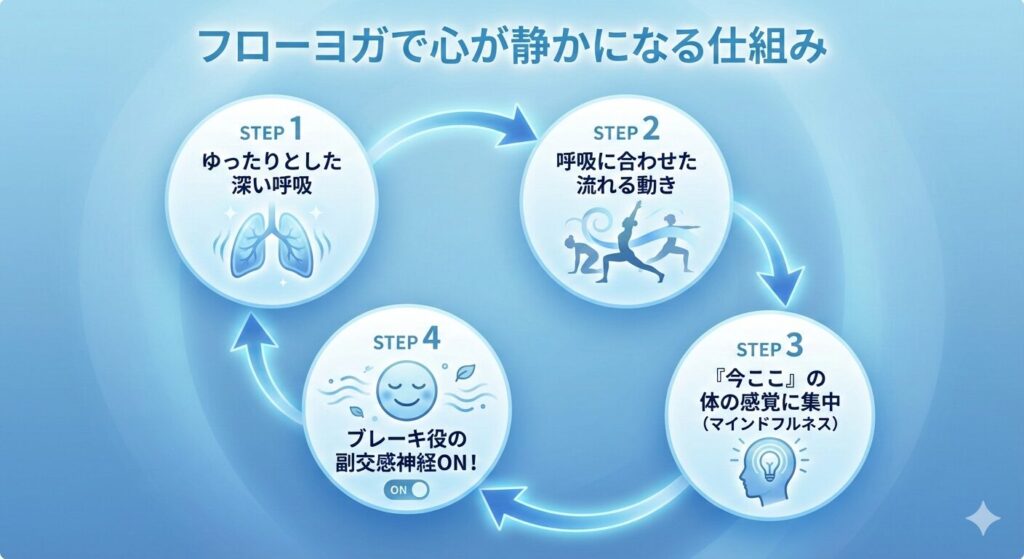 フローヨガで心が鎮まる4ステップのフロー図。深い呼吸が動きを導き、マインドフルネス状態を生み出し、最終的に副交感神経を優位にさせるプロセスを示している。