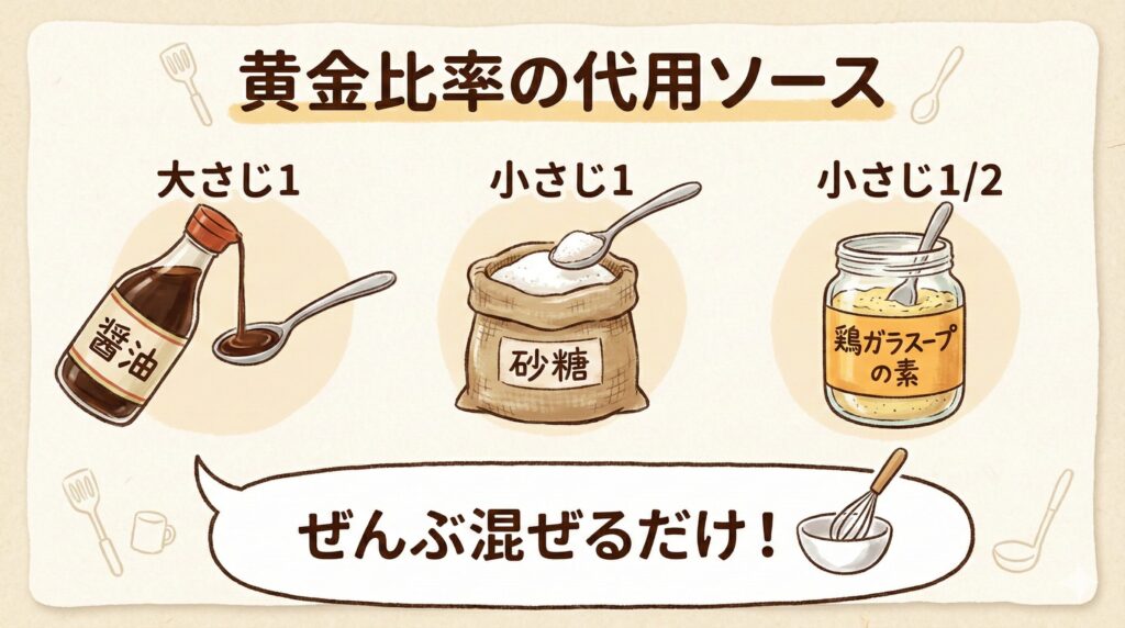 オイスターソースの代用レシピの図解。醤油大さじ1、砂糖小さじ1、鶏ガラスープの素小さじ1/2を混ぜるだけで完成する。