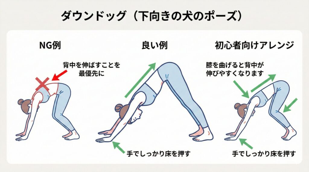 シンプルで分かりやすい線画イラスト。暖色系を使い、リラックスした雰囲気を出す。 参考altテキスト: ヨガの猫と牛のポーズのやり方を示したイラスト。良い例では背骨のしなやかな動きが、NG例では肩の力みが表現されている。