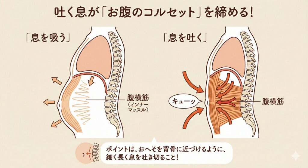 腹式呼吸の仕組みを表すイラスト。息を吸うとお腹が膨らみ、息を吐くとお腹のインナーマッスルが引き締まる様子が描かれている。