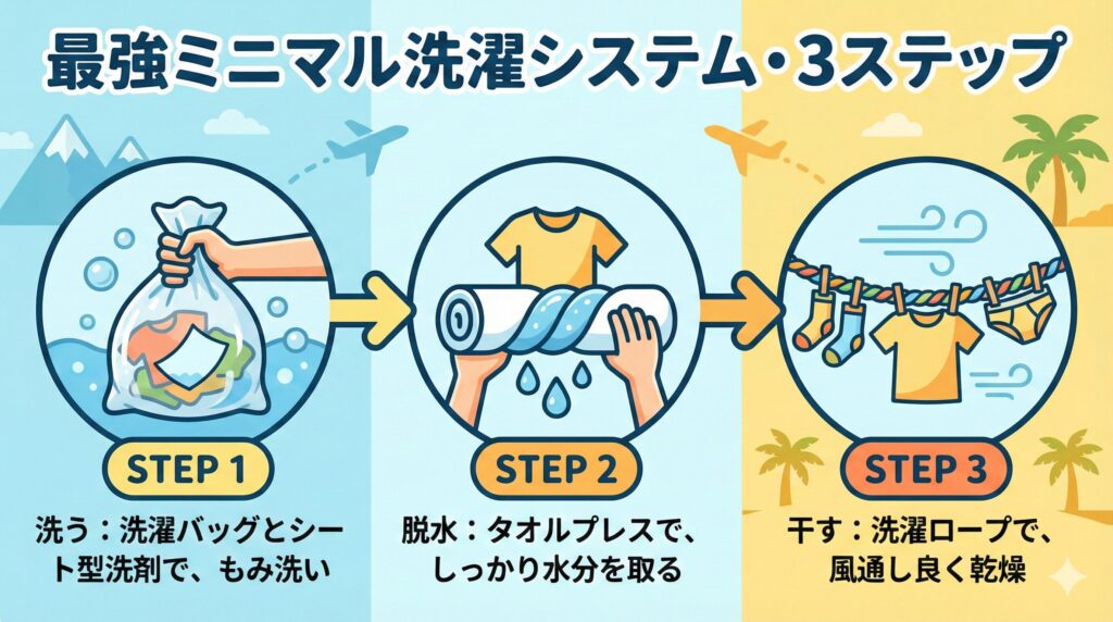 旅の洗濯を3ステップで解説する図解。ステップ1は洗濯バッグで洗い、ステップ2はタオルで脱水、ステップ3は洗濯ロープで干す流れを示しています。