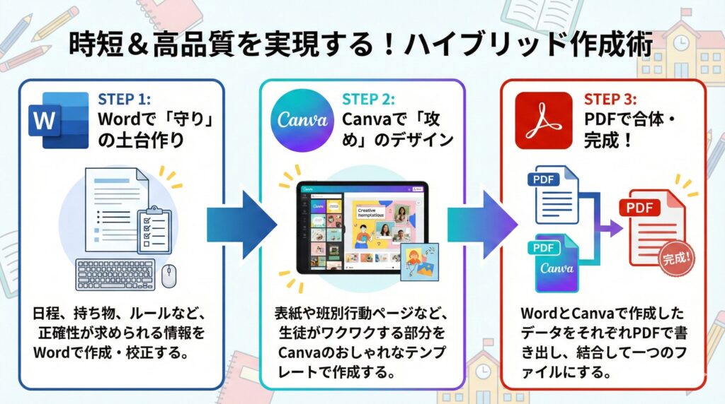 修学旅行のしおりを効率的に作るための3ステップ。ステップ1でWordで内容を作成し、ステップ2でCanvaでデザインし、ステップ3でPDFとして結合するワークフロー図。