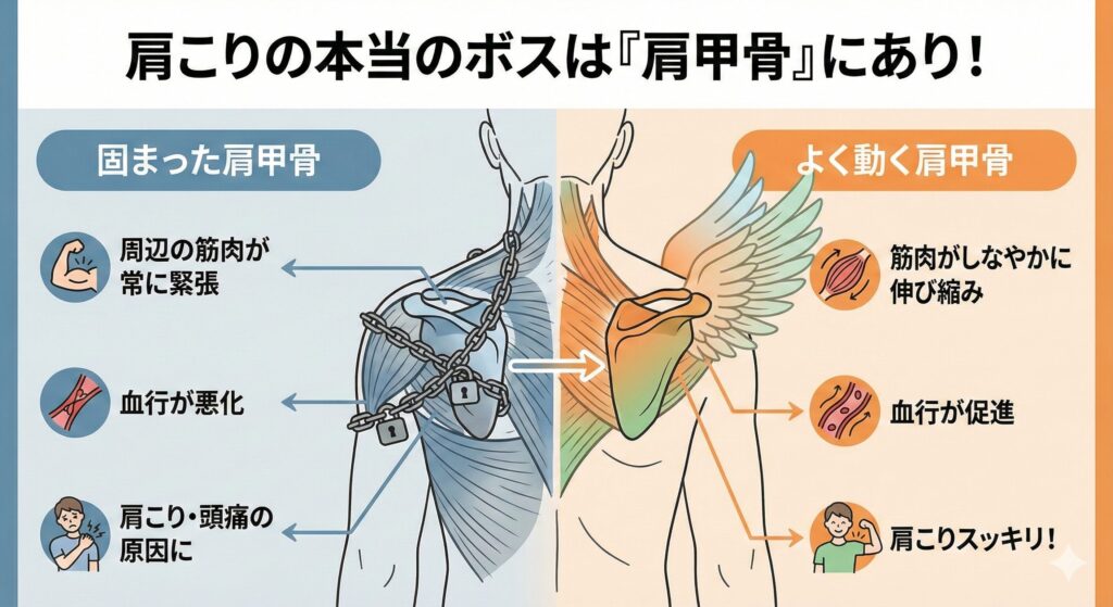 肩甲骨とそれにつながる肩周りの筋肉の関係図。肩甲骨が固まると肩こりの原因となり、よく動くと肩こりが解消されることを示している。