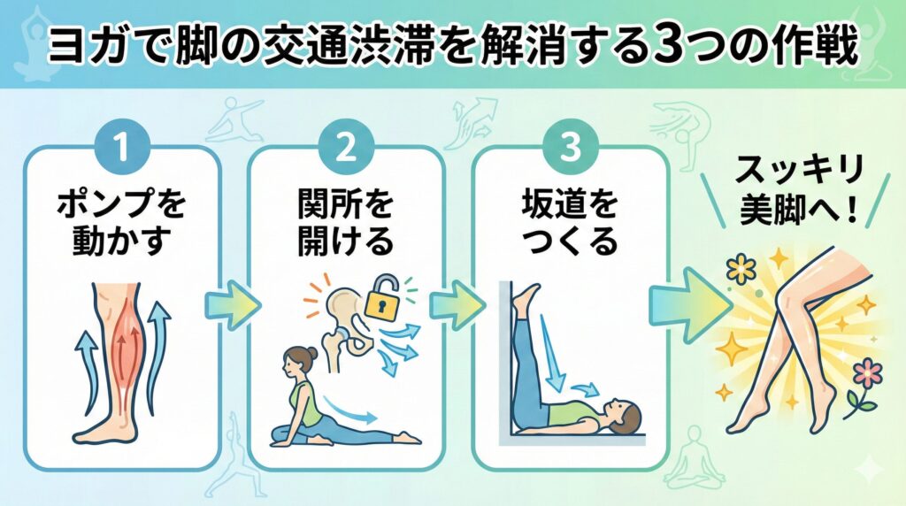 ヨガが脚のむくみを解消する3つの作戦のフロー図。1.ふくらはぎを動かし、2.股関節をほぐし、3.脚を上げる、という3ステップで美脚に導くことを示している。