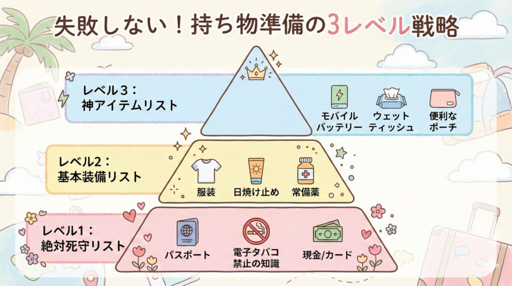 タイ旅行の持ち物の重要度を示すピラミッド図。土台はレベル1の「絶対死守リスト」、中間はレベル2の「基本装備リスト」、頂点はレベル3の「神アイテムリスト」となっています。