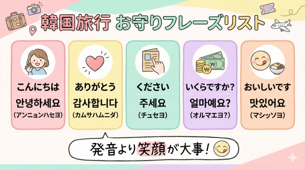 韓国旅行で使える5つの基本フレーズをまとめた画像。こんにちは、ありがとう、ください、いくらですか、おいしいです、の韓国語とカタカナ読みが記載されている
