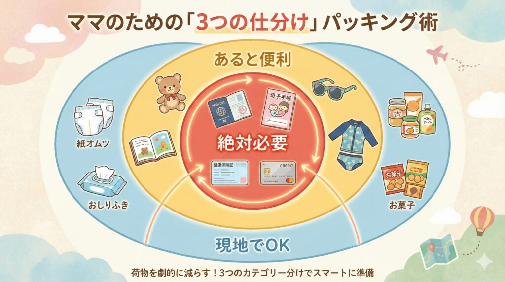 子連れ旅行の荷物を3つに仕分ける考え方を示した図。「絶対必要」なもの（母子手帳など）、「あると便利」なもの（おもちゃなど）、「現地でOK」なもの（オムツなど）に分類されている。