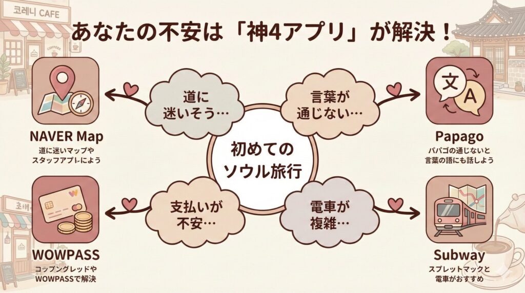 初めての韓国旅行における「地図」「言語」「交通」「決済」の4つの不安が、「NAVER Map」「Papago」「Subway」「WOWPASS」の4つのアプリによって解決されることを示した関係図。