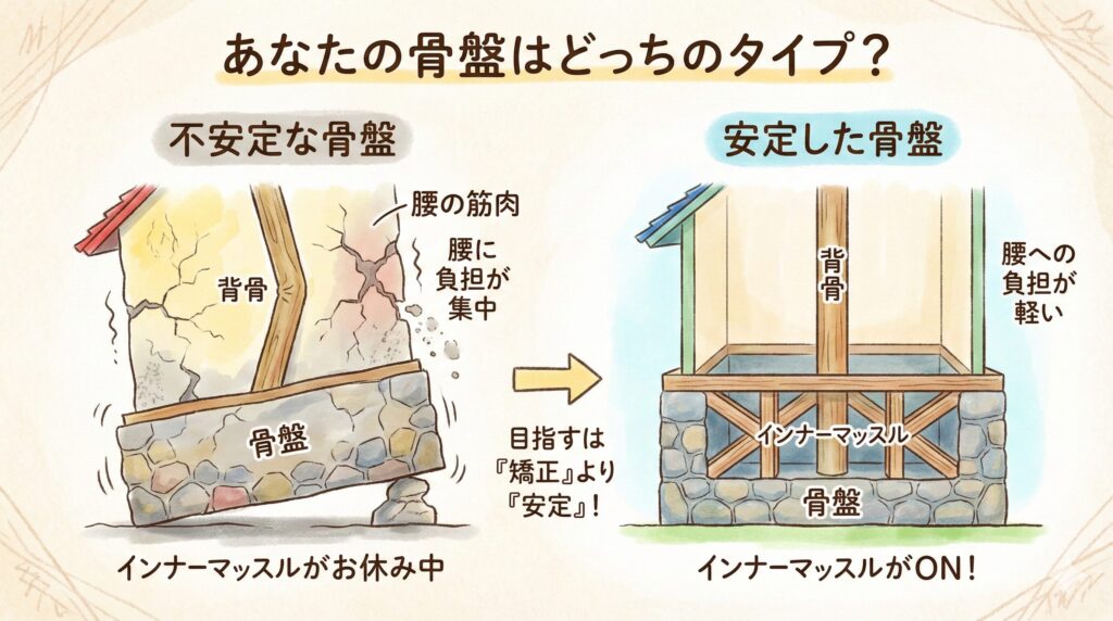 インナーマッスルが働かず不安定な骨盤と、インナーマッスルに支えられて安定している骨盤の比較イラスト。