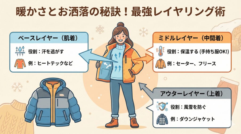 冬の北海道の服装の基本となるレイヤリングの図解。肌着のベースレイヤー、セーターなどの中間着のミドルレイヤー、上着のアウターレイヤーの3層構造とそれぞれの役割を示しています。