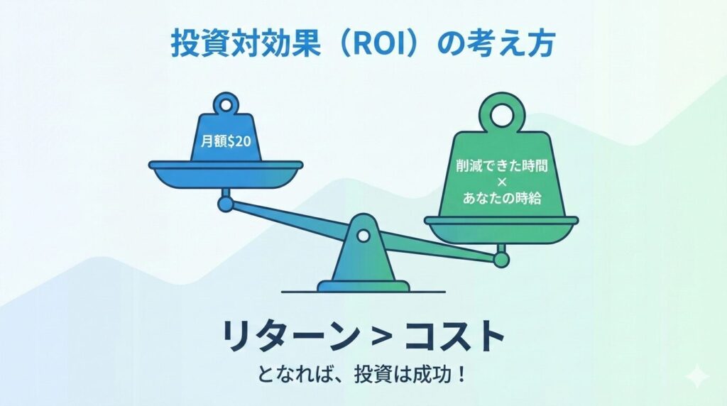 ChatGPT Plusの投資対効果を示す天秤のインフォグラフィック。左の皿の「月額$20」というコストに対し、右の皿の「削減時間×時給」というリターンが上回っている様子を描いており、ChatGPT Plusの活用が生産性向上という結果に繋がることを示している