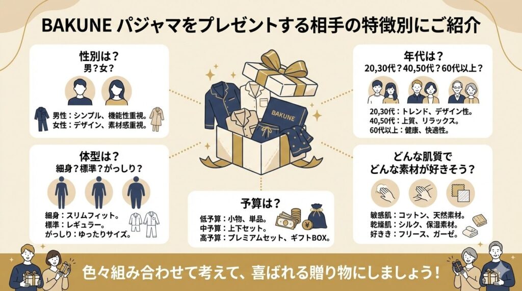 BAKUNEパジャマをプレゼントしようとしている相手の特徴を項目別に考えて選ぶ